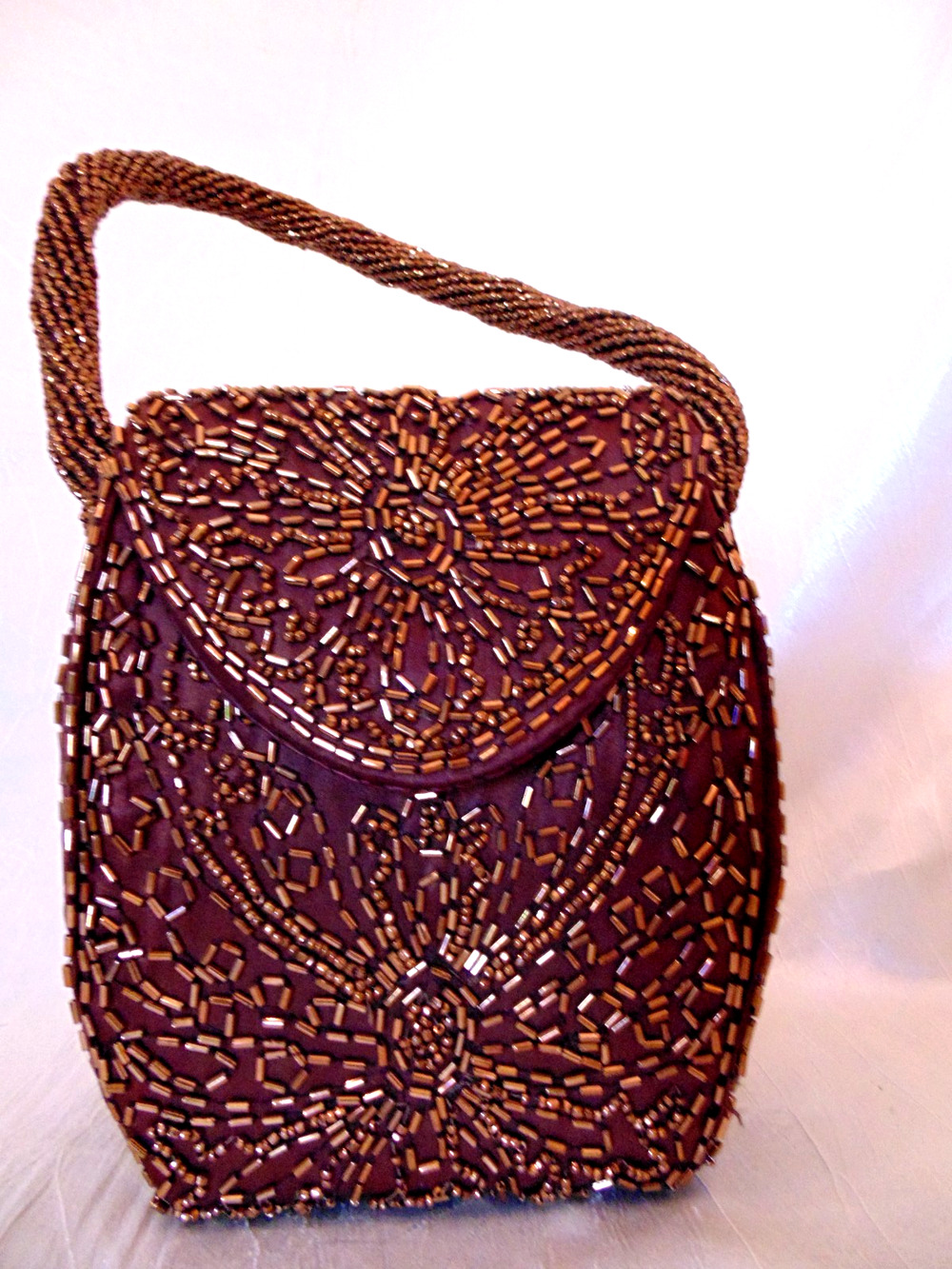 Vtg Art Deco Fancy Copper Bronze Beaded Tall Box Purse Handbag Brown Evening Bag